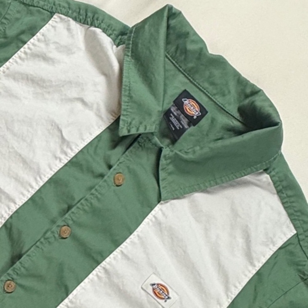 Dickies Mens Bowling Shirt Green White Colorblock Long Sleeve Button Down Large